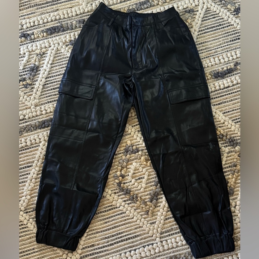 Madden NYC Black Faux Leather Cargo Jogger Pants